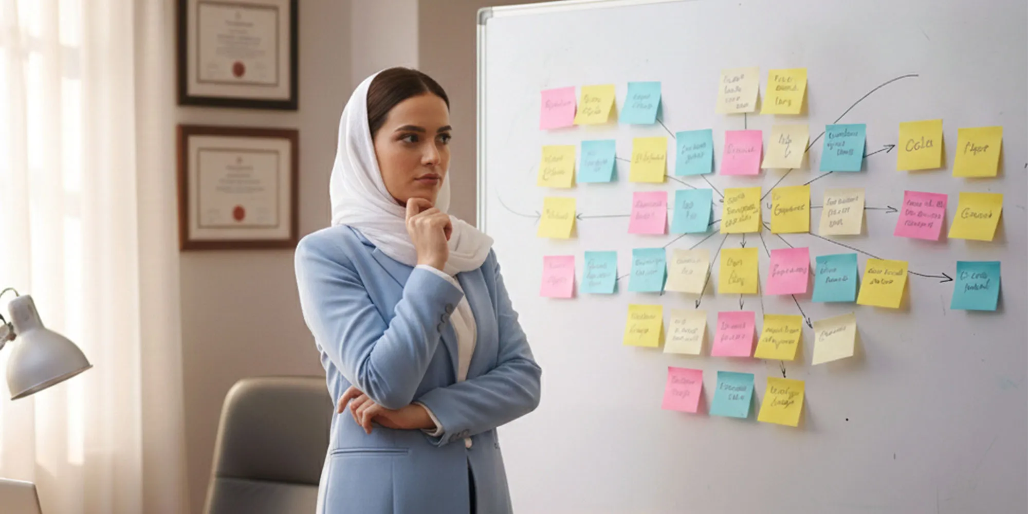 تصویر خانمی را در اتاق کارش نشان می دهد که استیکی نوت‌ها را به تخته سفید چسبانده است و در حال فکر کردن برای ساخت روایت سخنرانی خودش است. 