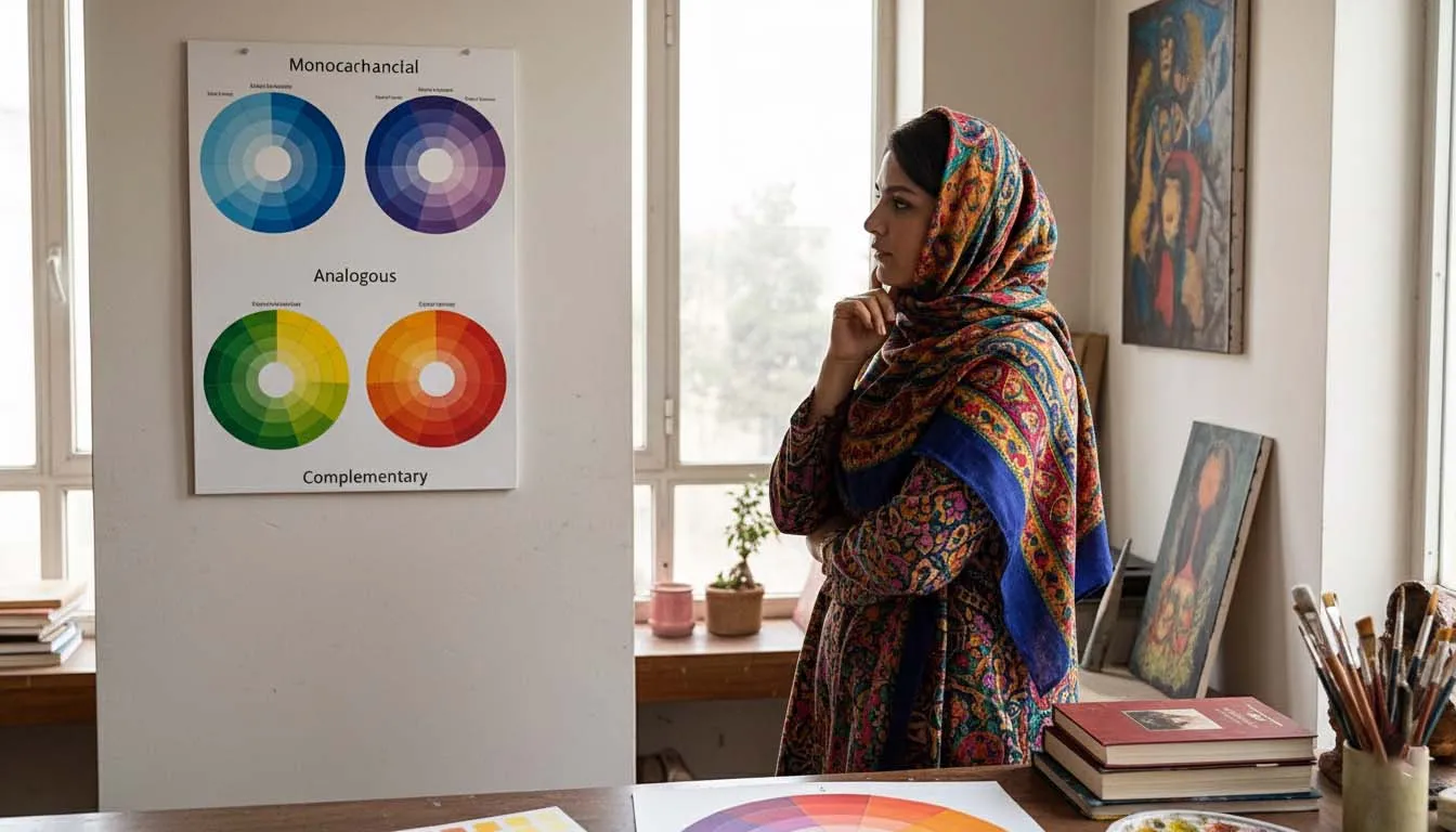 زنی هنرمند با روسری و لباس طرحدار که ایستاده و با ژستی متفکرانه به پوستر آموزشی تئوری رنگها (شامل دستهبندیهای آنالوگ و مکمل) روی دیوار آتلیه نگاه میکند.