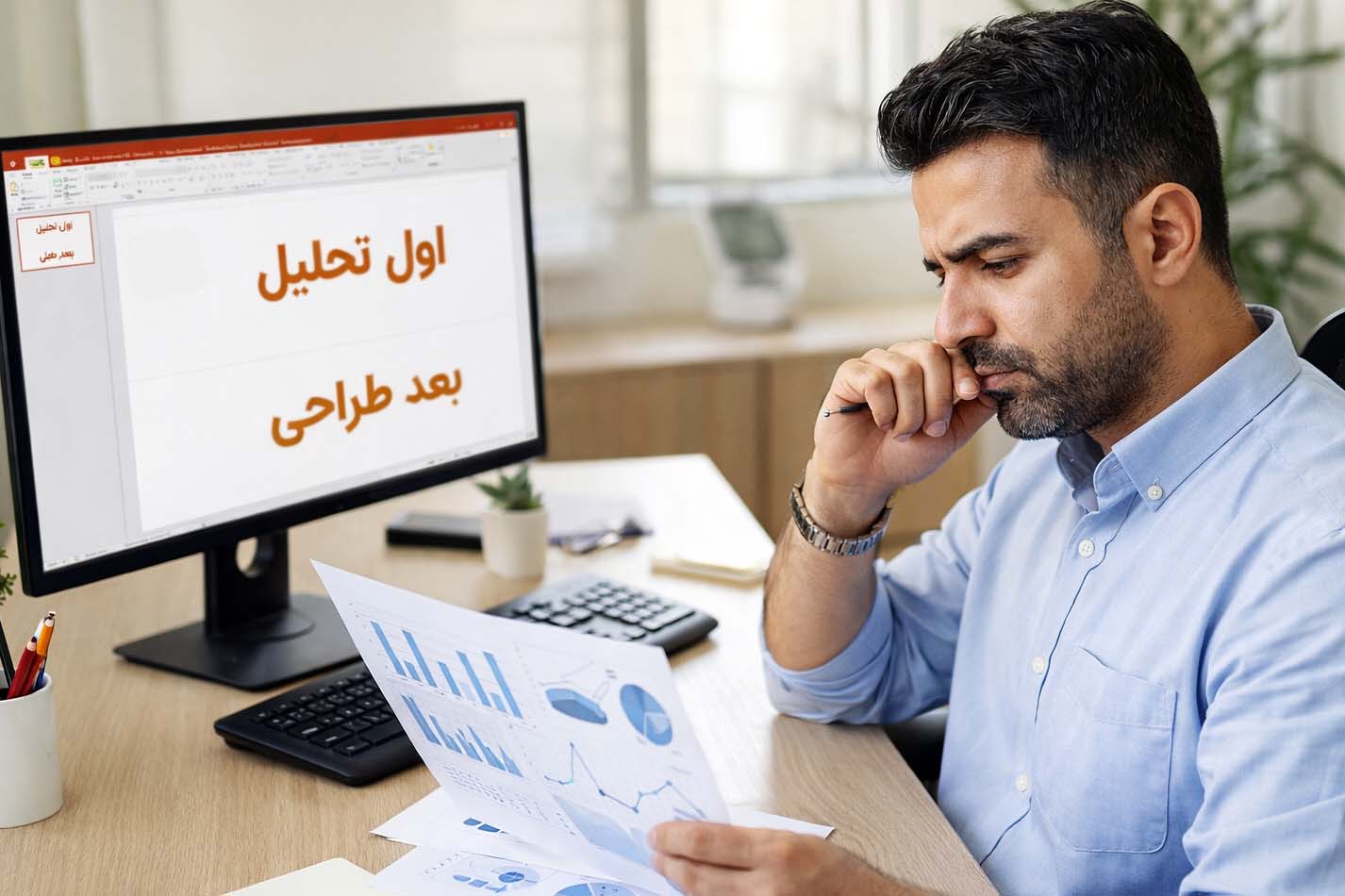 مردی پشت میز کار در حال بررسی نمودارها، مقابل مانیتوری با متن «اول تحلیل، بعد طراحی»؛ نمادی از اهمیت برنامهریزی و تحلیل دادهها پیش از شروع فرآیند طراحی.