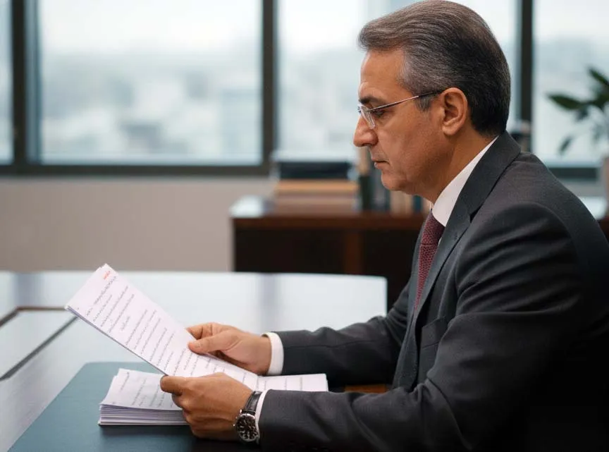 مدیر ارشد یک سازمان با کت و شلوار تیره و عینک، در یک دفتر کار مدرن نشسته و با تمرکز در حال خواندن پروپوزال کاری بدون درخواست است که در دست دارد. یک ساعت مچی روی دست چپ او دیده می‌شود. پس‌زمینه تصویر شامل یک پنجره بزرگ با منظره‌ای ابری و تاریک و یک کمد چوبی در فاصله دور است.