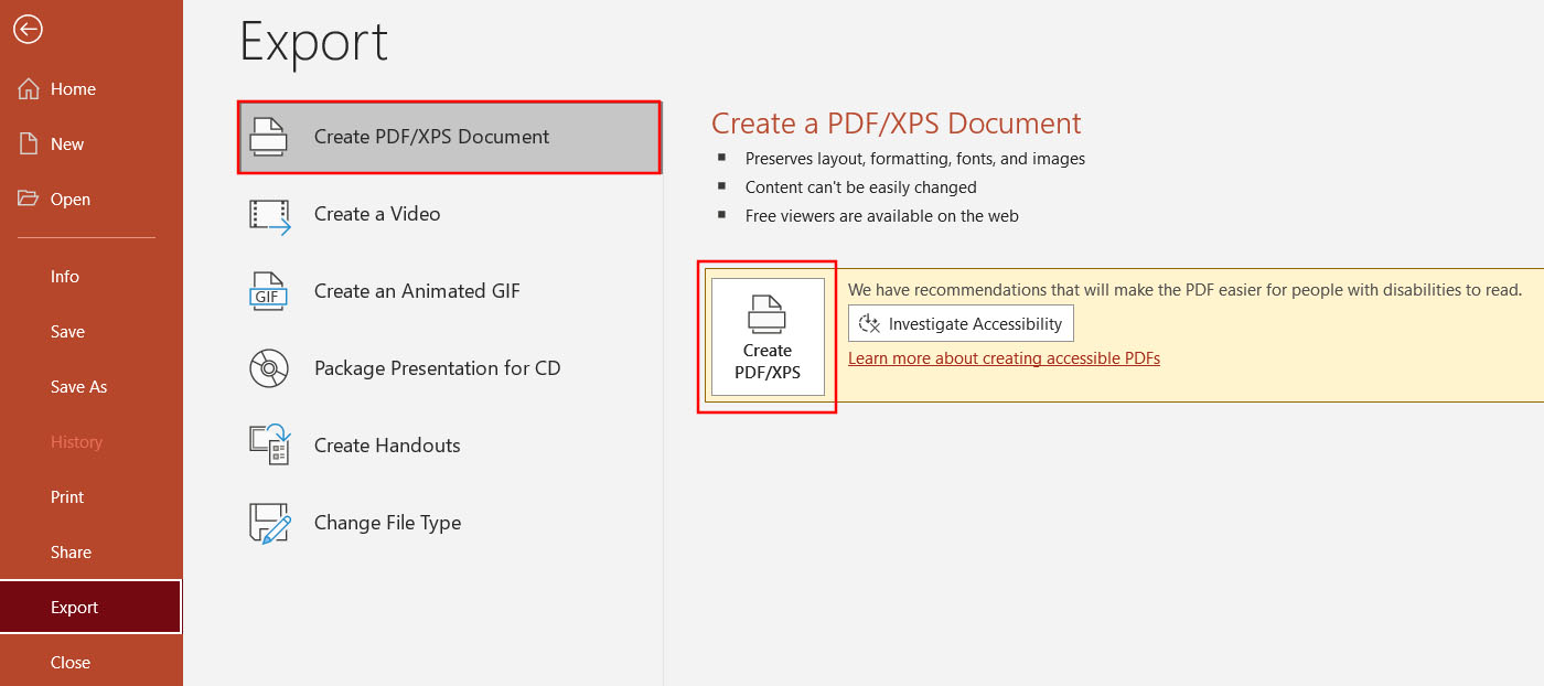 تصویر نحوه‌ی گرفتن خروجی PDF از فایل پاورپوینت را نشان می‌دهد