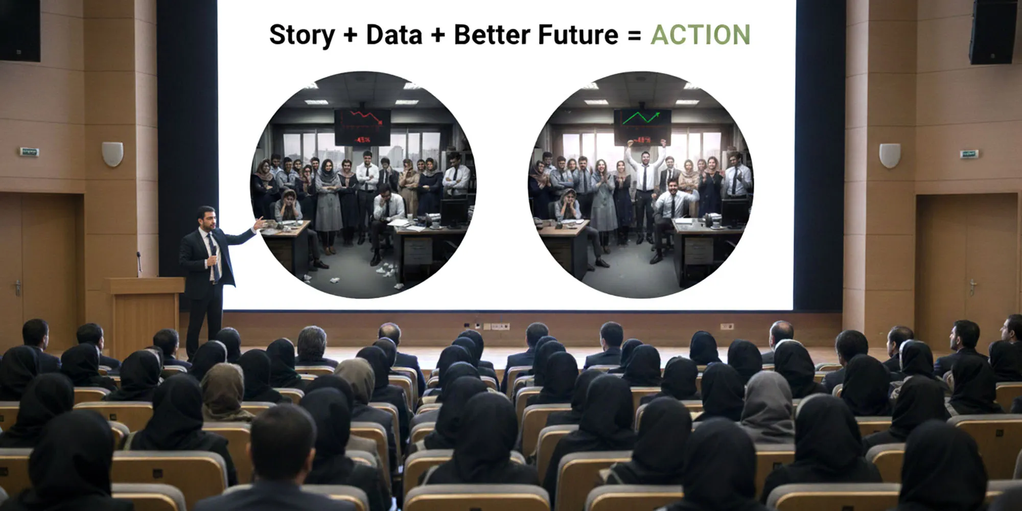 سخنران در حال ارائه به مخاطبان زیادی است که در یک سالن کنفرانس نشسته‌اند. صفحه نمایش پشت سر او فرمول "Story + Data + Better Future = ACTION" (داستان + داده + آینده بهتر = اقدام) را نمایش می‌دهد و دو دایره بزرگ حاوی تصاویر متضاد از حال و هوای یک تیم اداری (احتمالاً ناامیدی و موفقیت) را نشان می‌دهد.