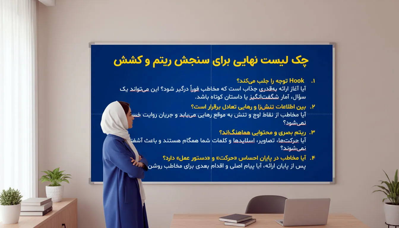 تصویر خانمی را در اتاق کارش نشان میدهد که به تخته سفید اتاق کار خود نگاه می کند. بر روی تخته اتاق کارش چک لیست ریتم و کشش ارائه چسبانده شده است. 