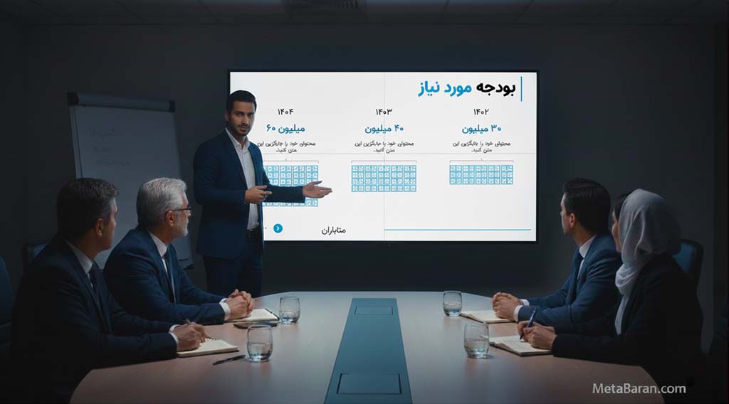 جلسه کاری در یک اتاق کنفرانس با نور کم. یک مرد جوان با کت و شلوار در حال ارائه دادن یک اسلاید با عنوان "بودجه مورد نیاز" است که ارقام ۳۰، ۴۰ و ۶۰ میلیون تومان را برای سالهای ۱۴۰۲ تا ۱۴۰۴ نشان میدهد. چهار نفر از مدیران با لباس رسمی دور میز نشستهاند و به صفحه نمایش و سخنران نگاه میکنند.