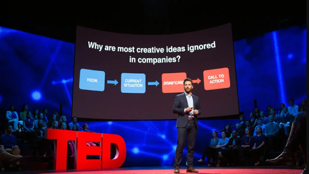 سخنران در حال ارائه روی صحنه TED با اسلایدی که پرسش "Why are most creative ideas ignored in companies?" را نشان می‌دهد. روی اسلاید، چهار مرحله به ترتیب نوشته شده‌اند: Hook، Current Situation، Significance، و Call to Action. تماشاگران در سالن نشسته‌اند و نور آبی صحنه فضا را روشن کرده است.