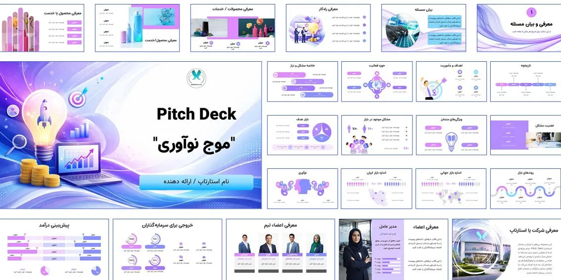 تصویر اسلایدهای قالب پاورپوینت Pitch deck "موج نوآوری" معرفی استارتاپ به سرمایه‌گذار
