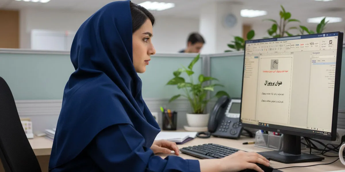 زنی در محیط اداری پشت میز نشسته و مشغول کار با کامپیوتر است. او لباس سرمه‌ای و روسری‌ای به همان رنگ پوشیده و در حال تایپ یا مرور متنی در نرم‌افزار Word است که به زبان فارسی و با عنوان "عنوان پروپوزال" نمایش داده می‌شود. در پس‌زمینه، یک گیاه سبز و بخشی از یک همکار دیگر پشت یک پارتیشن اداری دیده می‌شود.