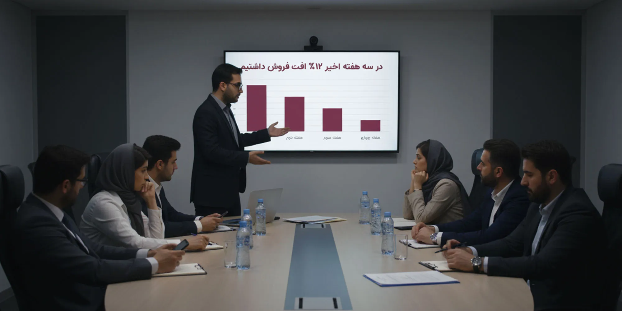 مردی کت و شلوارپوش در حال ارائه در یک اتاق کنفرانس، در برابر صفحه‌ای که نمودار میله‌ای فارسی و متنی مبنی بر "در سه هفته اخیر ۱۲٪ افت فروش داشتیم" را نشان می‌دهد. شش نفر دیگر، شامل دو زن با حجاب، در اطراف میز بیضی‌شکل نشسته و به او گوش می‌دهند.