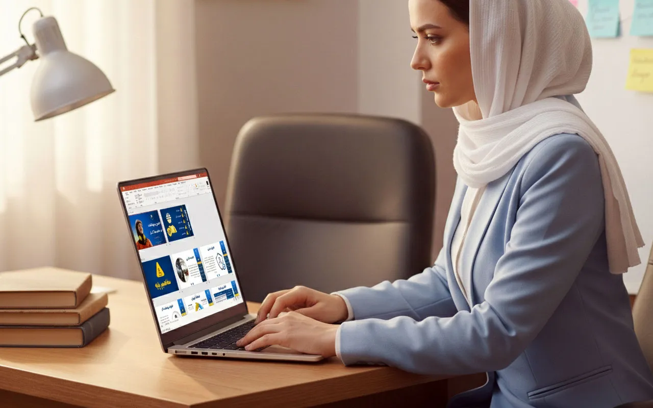 تصویر خانمی را در حال کار با لپ‌تاپ نمایش می دهد که در حال مرتب کردن اسلایدها در نرم افزار پاورپوینت است. 