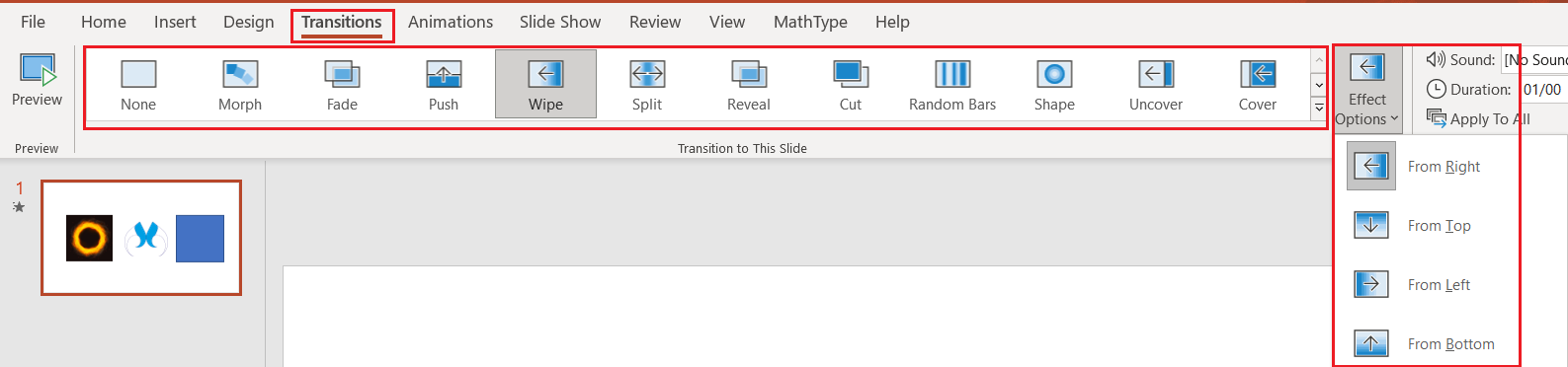 این تصویر نحوه اضافه کردن جلوه ویژه (Transitions) را در PowerPoint نشان می‌دهد