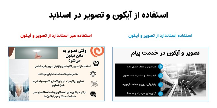 یک تصویر مقایسه‌ای Before / After:  سمت چپ: اسلاید با عکس کلیشه‌ای دست دادن، تصویر تار و آیکون‌های      ناهمگون سمت راست: اسلاید اصلاح‌شده با یک تصویر مفهومی باکیفیت و آیکون‌های      هم‌سبک فضای سفید کافی، تمرکز واضح روی پیام اصلی.