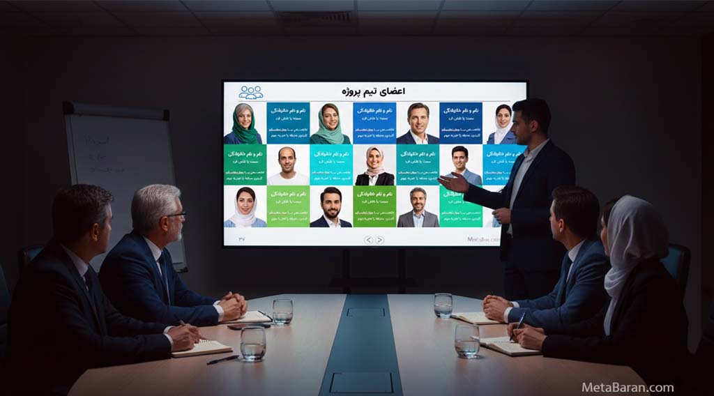 جلسهی کاری رسمی در یک اتاق کنفرانس تاریک. شش نفر از مدیران و کارمندان با لباس رسمی دور یک میز بزرگ نشستهاند و به مردی که در حال ارائه دادن است نگاه میکنند. مرد در حال ارائه، به یک صفحهی نمایش بزرگ اشاره میکند که نمودار اعضای تیم پروژه، شامل عکس و اطلاعات ۱۲ نفر، را نمایش میدهد.
