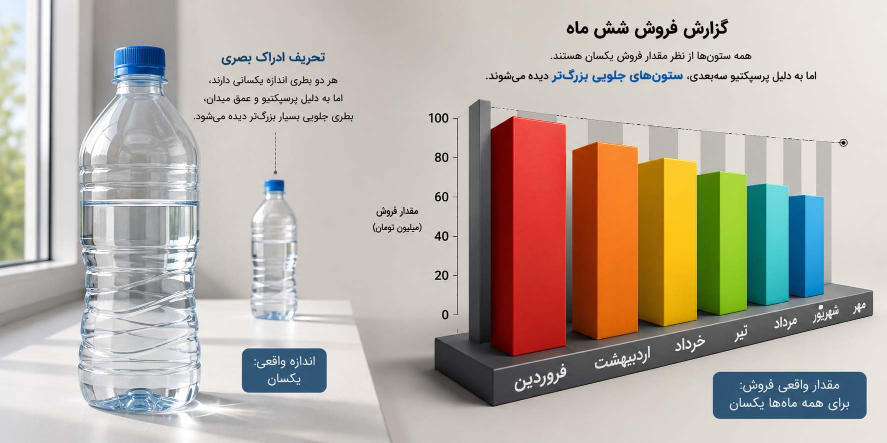 نمودار سهبعدی فروش شش ماهه با ستونهای همارزش، اما بزرگنمایی بصری ستونهای جلویی به دلیل پرسپکتیو، همراه با مثال بطریها برای تأکید بر خطای دید.