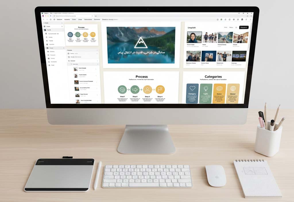 نمایی در سطح چشم از یک میز کار تمیز و روشن، با یک مانیتور کامپیوتر رومیزی اپل (iMac) که یک داشبورد یا وب‌سایت طراحی شده با رنگ‌های سفید و بژ را نشان می‌دهد. این داشبورد شامل چندین ماژول است که پیش‌تر در تصاویر دیگر دیده شده‌اند، مانند ماژول "Process" و "سادگی در طراحی". یک صفحه‌کلید سفید، ماوس، قلم لمسی، پد طراحی (Drawing Pad) و یک جا قلمی در کنار مانیتور روی میز قرار دارند.