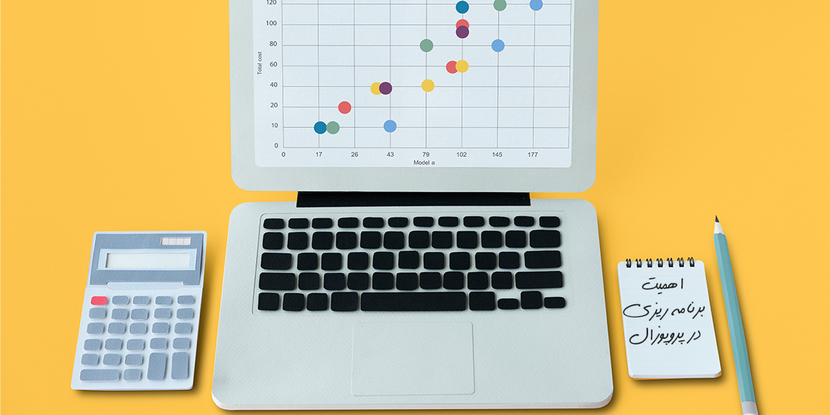 تصویر یک لپتاپ، ماشین حساب، دفترچه یادداشت و مداد را نشان میدهد. بر روی صفحه نمایش لپتاپ یک گانت چارت نمایش داده می شود. . بر روی برگه یادداشت نوشته شده است " اهمیت برنامه ریزی در پروپوزال"