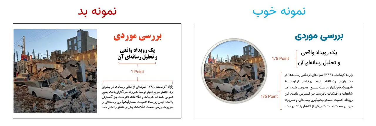 تصویری مقایسه‌ای از دو اسلاید پاورپوینت برای نمایش طراحی خوب و بد. هر دو اسلاید با عنوان کلی "بررسی موردی: یک رویداد واقعی و تحلیل رسانه‌ای آن" هستند و از یک عکس مشترک از ویرانی‌های زلزله کرمانشاه ۱۳۸۶ استفاده می‌کنند. اسلاید سمت چپ (نمونه بد) طرح‌بندی نامنظم و متنی فشرده دارد، در حالی که اسلاید سمت راست (نمونه خوب) از یک طرح‌بندی تمیزتر با متن سازمان‌یافته و استفاده از تصویر دایره‌ای شکل برای جلب توجه استفاده کرده است.