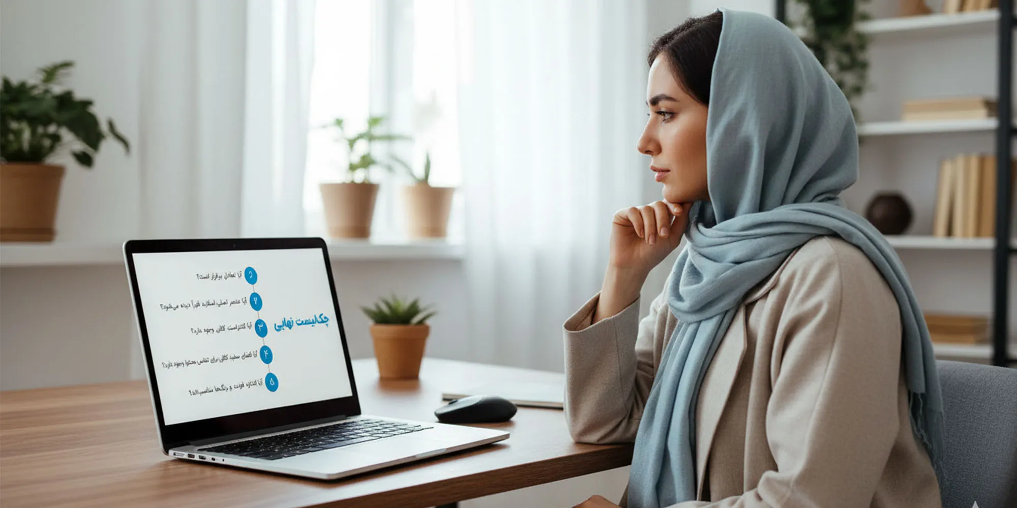 یک زن با روسری آبی و لباس کرم در حال نگاه کردن به صفحه لپ‌تاپ خود است  بر روی صفحه‌ی لپتاپ سوالات "چک‌لیست نهایی طراحی بصری" نمایش داده شده است. 