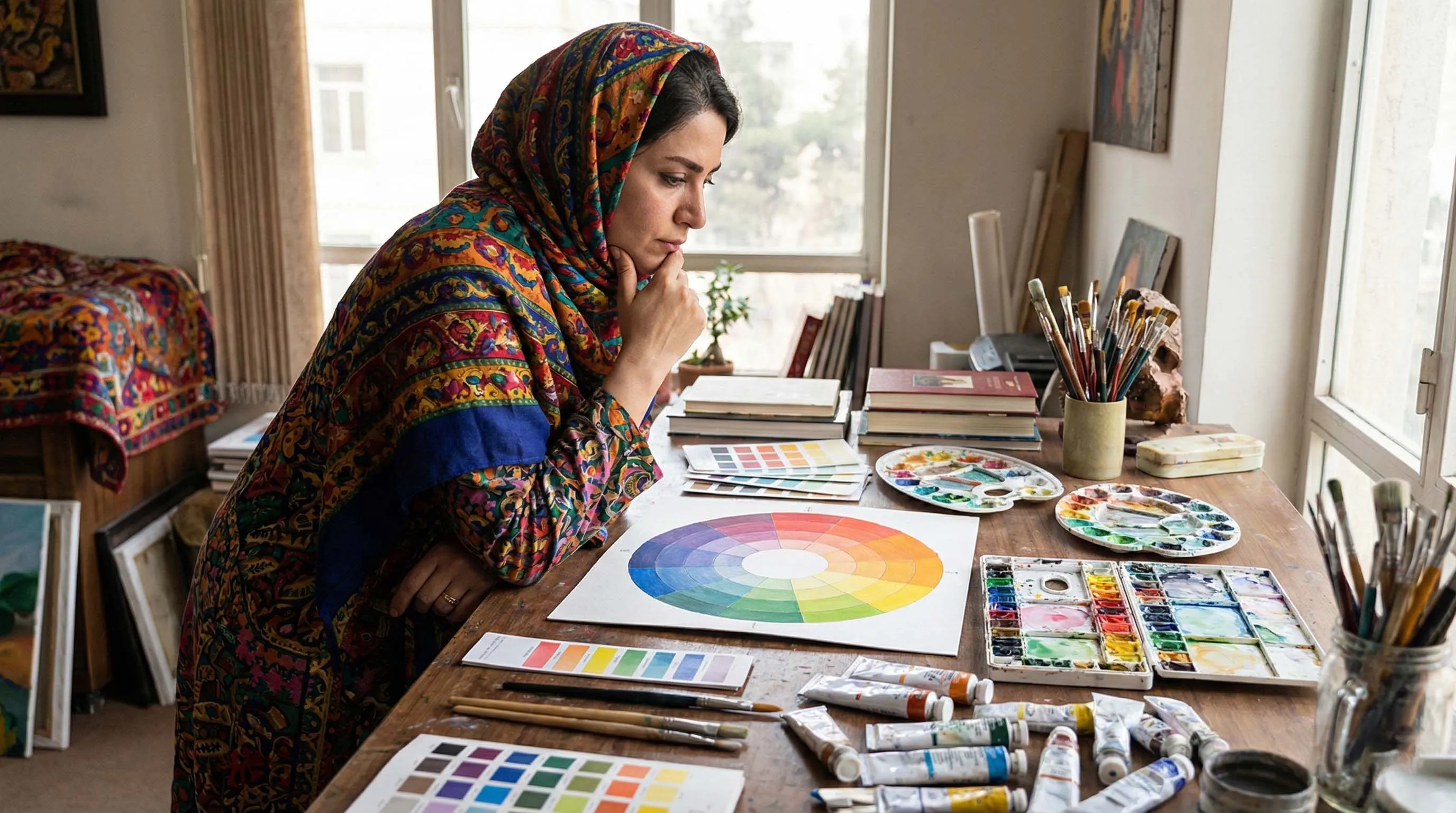 زنی هنرمند با روسری رنگارنگ که پشت میز کارش نشسته و با تمرکز به چرخه رنگ و ابزار نقاشی مانند آبرنگ و قلمموها نگاه میکند.