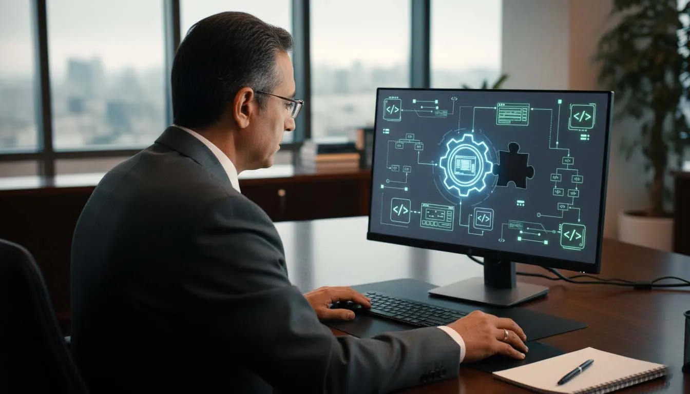 مردی میان‌سال با کت و شلوار رسمی و عینک، پشت میز کار خود در یک دفتر مدرن و شیک نشسته و در حال کار با صفحه کلید است. مانیتور کامپیوتر او یک نمودار یا داشبورد دیجیتالی به رنگ نئون آبی را نشان می‌دهد که شامل آیکون‌های برنامه‌نویسی (</>), یک چرخ‌دنده و قطعه پازل، مرتبط با مفاهیم اتوماسیون، بهینه‌سازی سیستم یا مهندسی نرم‌افزار است.