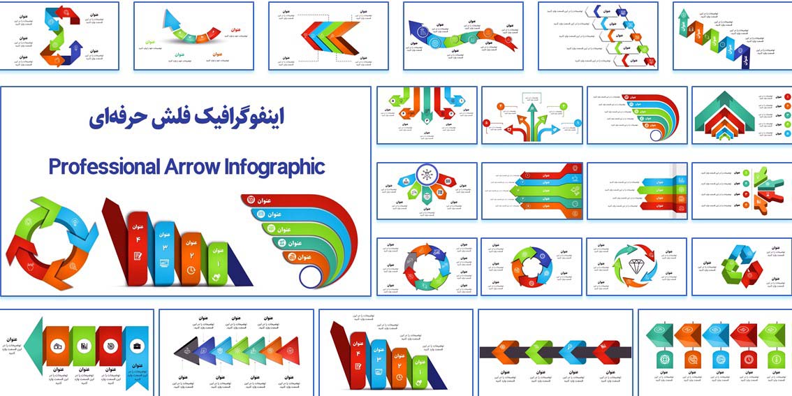 قالب پاورپوینت آماده اینفوگرافیک فلش با 46 اسلاید متنوع برای نمایش فرآیندها و چرخه‌ها. قابل استفاده در پرزنتیشن شرکتی، تدریس و دفاع پایان‌نامه.