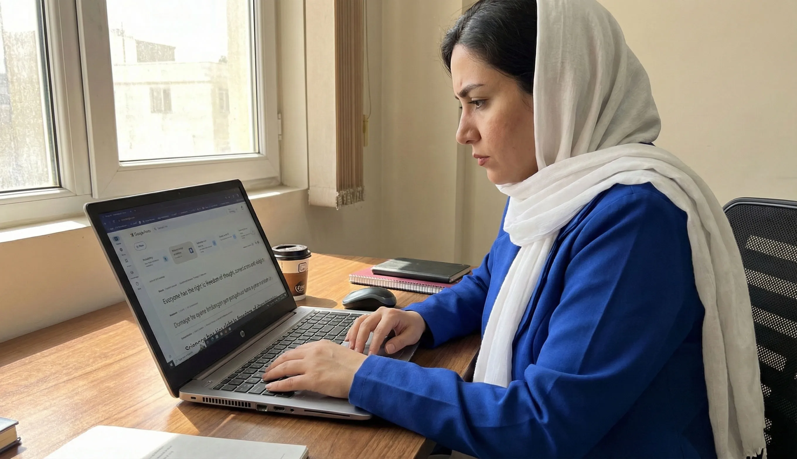 زنی در یک محیط کاری در کنار پنجره‌ای که نور خورشید از آن می‌تابد، پشت لپ‌تاپ خود نشسته و مشغول تایپ کردن است. او یک کت آبی روشن یا سرمه‌ای و یک روسری سفید پوشیده و با تمرکز به صفحه نمایش نگاه می‌کند که متنی به زبان انگلیسی در یک سند متنی در آن دیده می‌شود. یک فنجان قهوه و دفترچه‌های یادداشت نیز روی میز چوبی او قرار دارند.