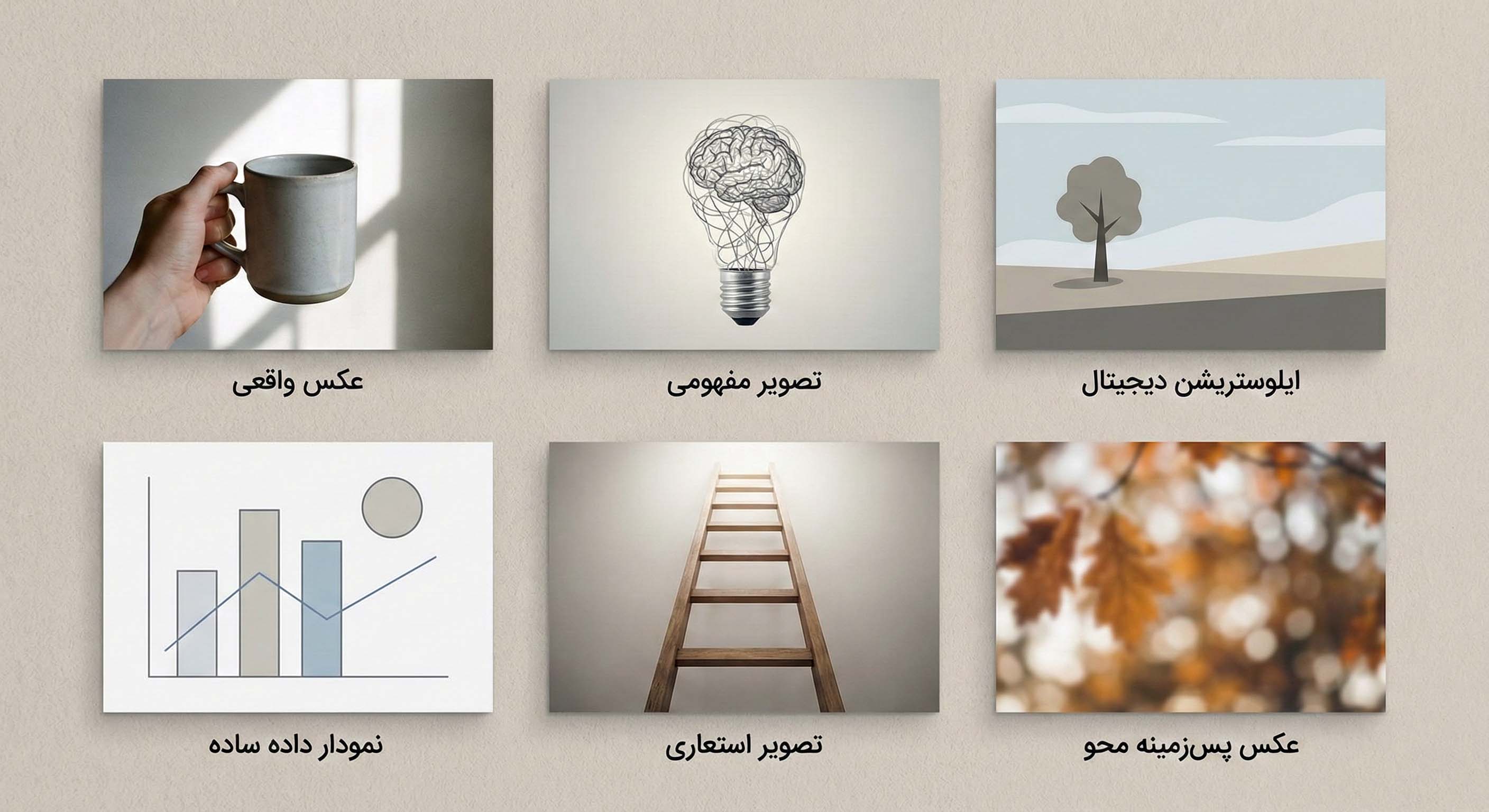 یک گرافیک شش قسمتی که انواع مختلف محتوای بصری را نشان می‌دهد. این موارد عبارتند از (از بالا سمت چپ به پایین سمت راست): ۱. عکس واقعی: دست فردی که یک ماگ سرامیکی خاکستری رنگ را در نور آفتاب صبحگاهی نگه داشته است. ۲. تصویر مفهومی: یک لامپ رشته‌ای که به جای رشته‌های داخلی، یک مغز انسانی پیچیده شده در سیم‌های در هم تنیده را نشان می‌دهد. ۳. تصویرسازی دیجیتال: یک چشم‌انداز مینیمال کارتونی با یک درخت تنها در مرکز، تپه‌های کم‌رنگ و آسمانی که با رنگ‌های آبی و بژ طراحی شده است. ۴. نمودار داده ساده: یک نمودار ترکیبی شامل یک نمودار میله‌ای با میله‌های خاکستری و سفید و یک خط روند صعودی با میله‌ها، و همچنین یک دایره توپر در گوشه بالا سمت راست. ۵. تصویر استعاری: یک نردبان چوبی بلند که به سمت بالا در یک فضای روشن و مه‌آلود می‌رود و نماد صعود یا پیشرفت است. ۶. عکس پس‌زمینه محو: برگ‌های پاییزی به رنگ قهوه‌ای و نارنجی در پیش‌زمینه، با تمرکز (فوکوس) روی برگ‌های تیره و تار شدن پس‌زمینه که جلوه‌ای نرم ایجاد کرده است.