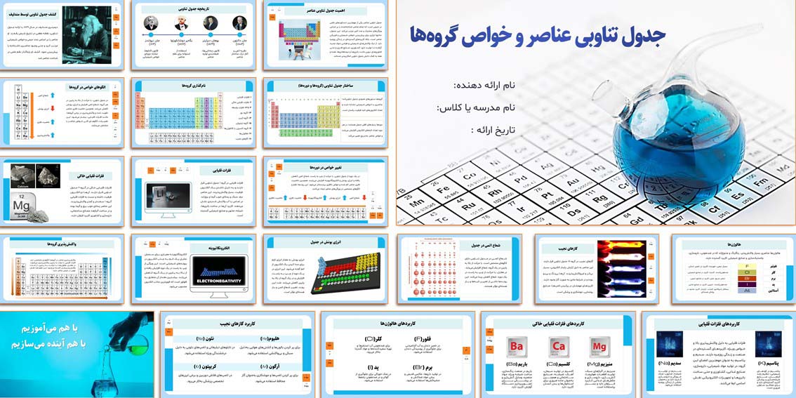 تصاویر اسلایدهای پاورپوینت حرفه‌ای و آماده جدول تناوبی عناصر همراه با انیمیشن و رنگ‌بندی جذاب؛ قابل استفاده در تدریس و آموزش آنلاین.