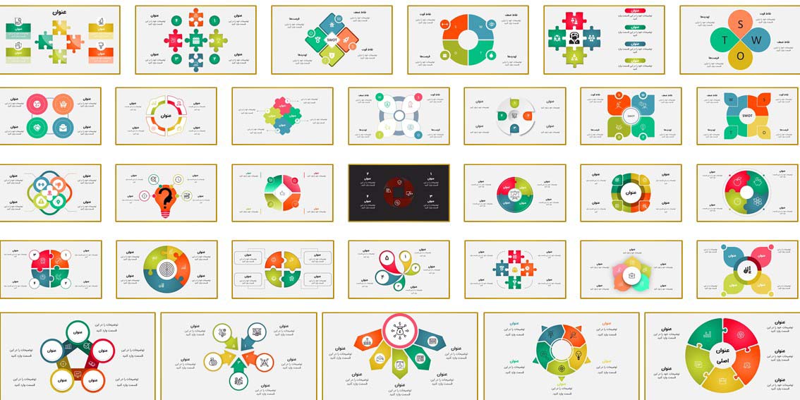 دانلود قالب پاورپوینت چرخه‌ای و شعاعی با طراحی مدرن، ۴۷ اسلاید آماده ویرایش، همراه با آیکون، فونت فارسی و راهنمای کامل ویرایش.