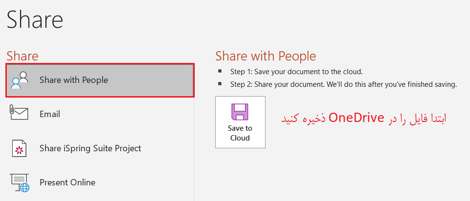 این تصویر نحوه ذخیره کردن فایل در OneDrive را در PowerPoint نمایش می‌دهد