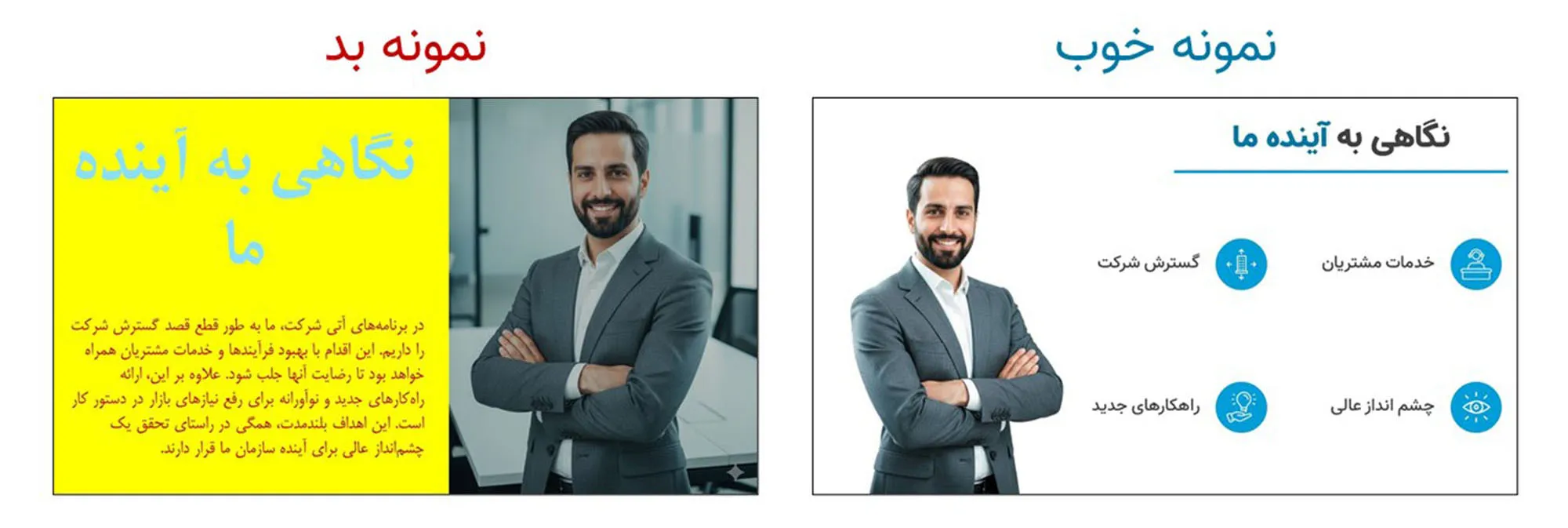 یک تصویر مقایسه‌ای که دو روش ارائه چشم‌انداز شرکت را نشان می‌دهد. "نمونه بد" دارای متنی طولانی و پس‌زمینه زرد روشن است، در حالی که "نمونه خوب" از تصاویر (شامل یک مرد با بازوان بسته) و نکات گلوله‌ای کوتاه با آیکون‌ها استفاده می‌کند.