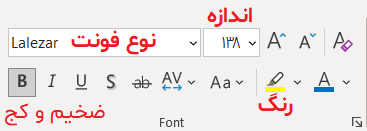 تصویر ابزارهای موجود در بخش Font پاورپوینت PowerPoint را نشان می‌دهد