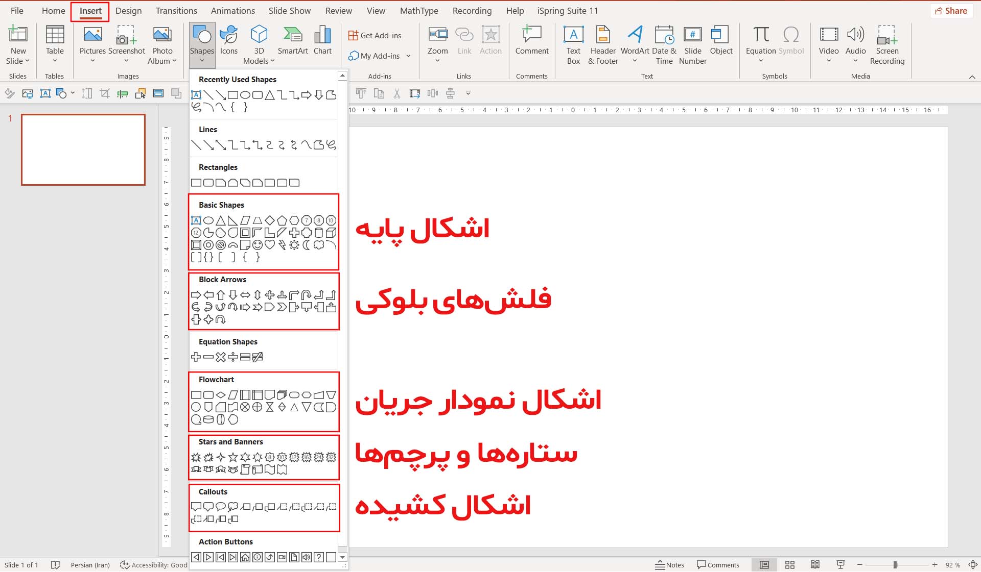 تصویر نحوه اضافه کردن شکل و انواع شکل‌ها در PowerPoint را نشان می‌دهد