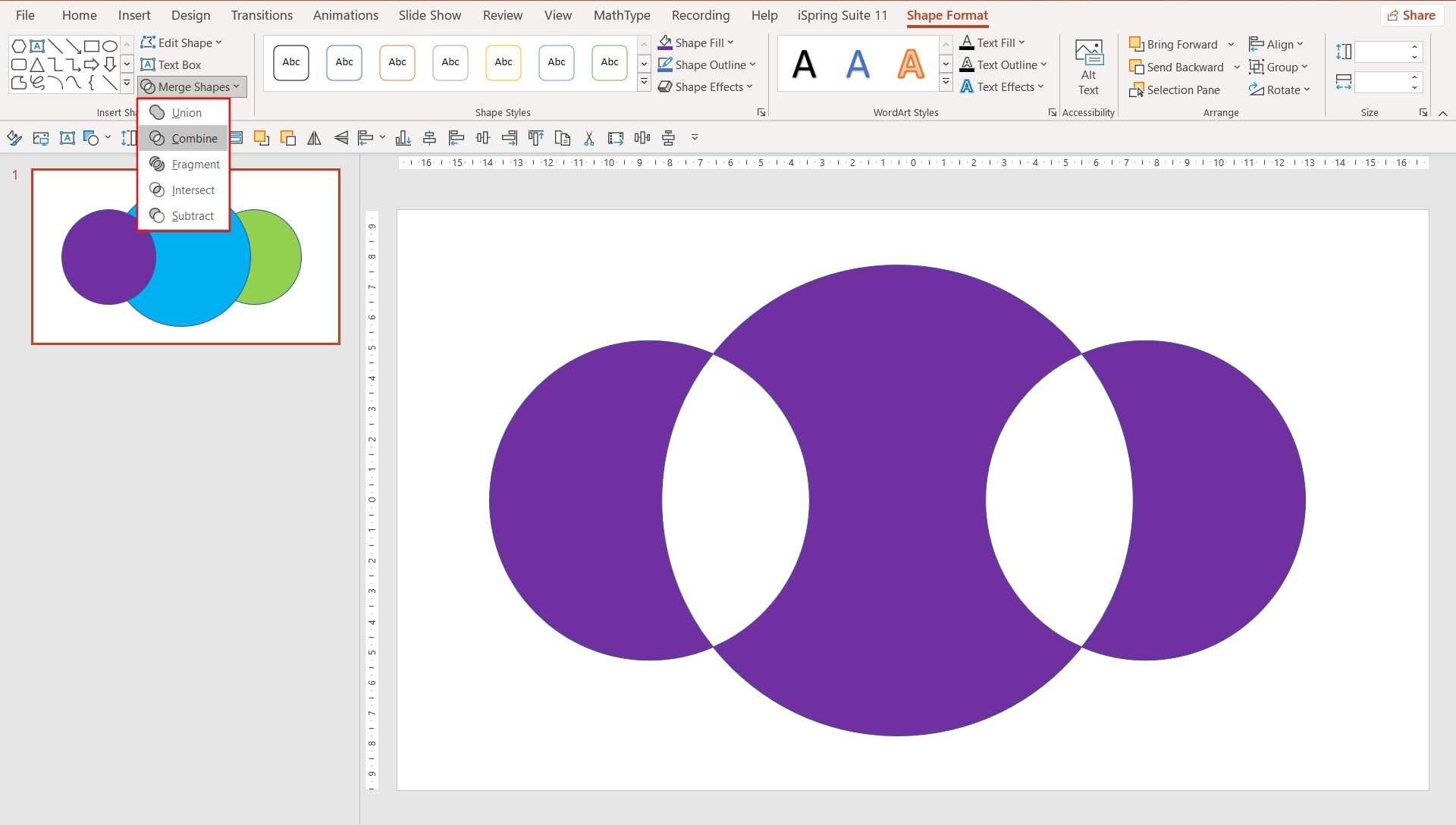 تصویر بخش Merge Shape و نحوه ترکیب کردن شکل‌ها در نرم افزار PowerPoint را نشان می‌دهد.