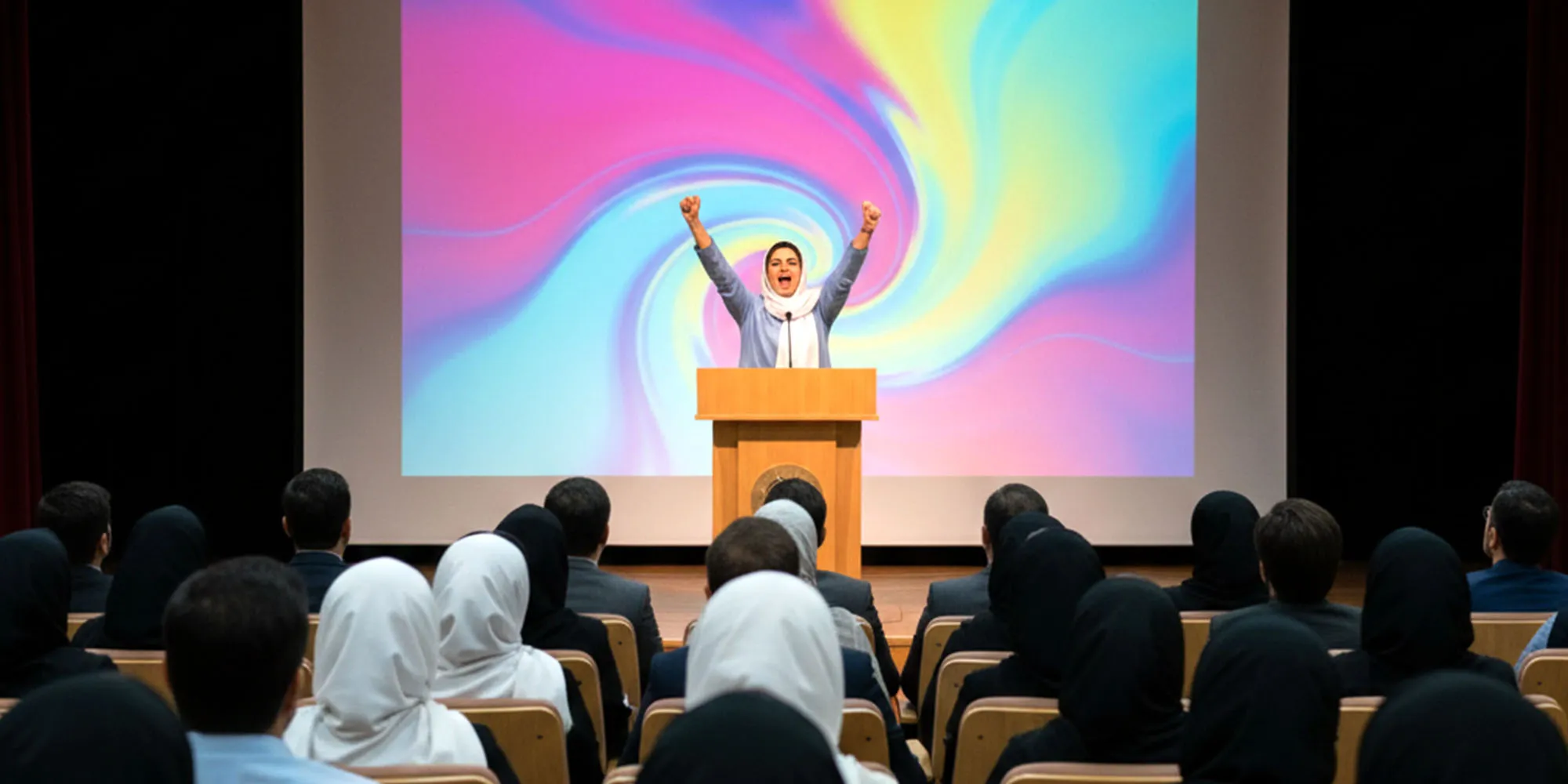 تصویر نمایی از یک سالن سخنرانی را نمایش می‌دهد سخنران به نقطه‌ی اوج سخنرانی خود رسیده است و مخاطبان با اشتیاق در حال گوش دادن به سخنان او هستند. 