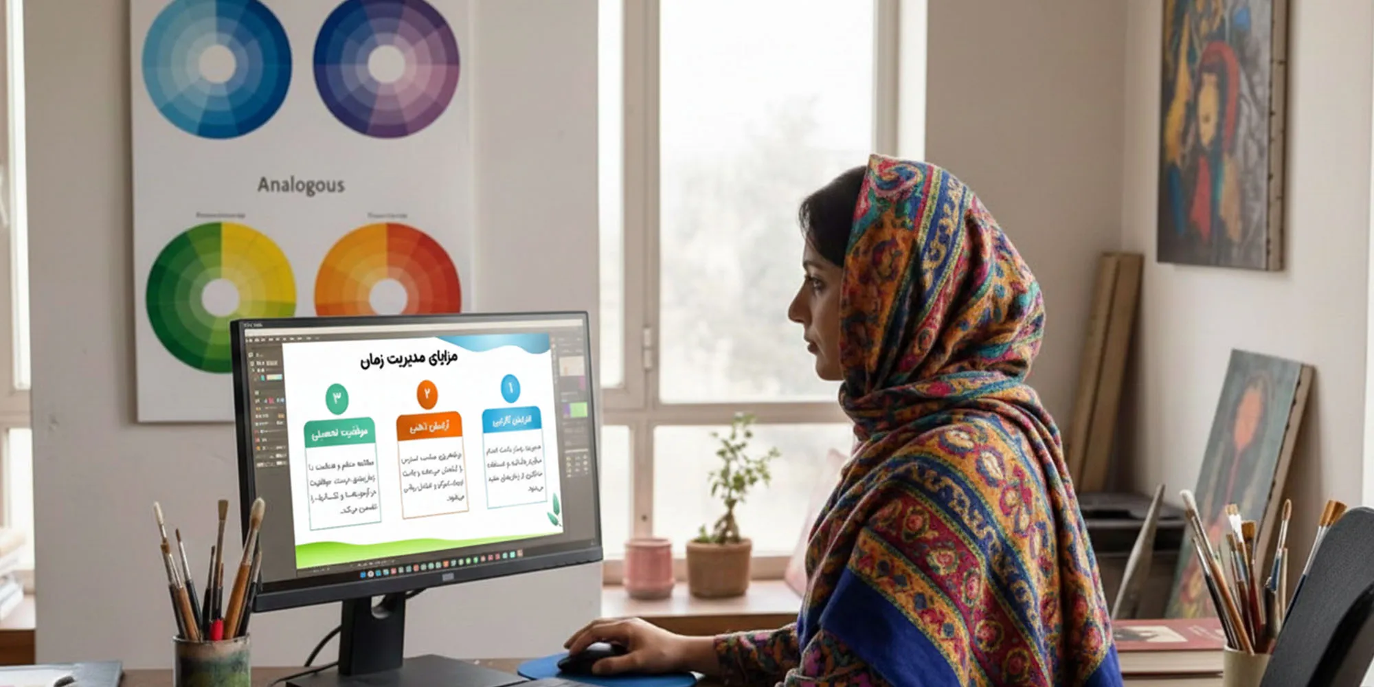 زنی هنرمند پشت میز کار نشسته و با تمرکز مشغول کار با کامپیوتر است. روی صفحه مانیتور، اسلایدی با عنوان «مزایای مدیریت زمان» دیده میشود که در طراحی آن از سه کادر رنگی مجزا (آبی، نارنجی و سبز) برای دستهبندی اطلاعات استفاده شده است. در پسزمینه تصویر، پوستر چرخه رنگ و قلمموهای نقاشی فضای اتاق را نشان میدهند.