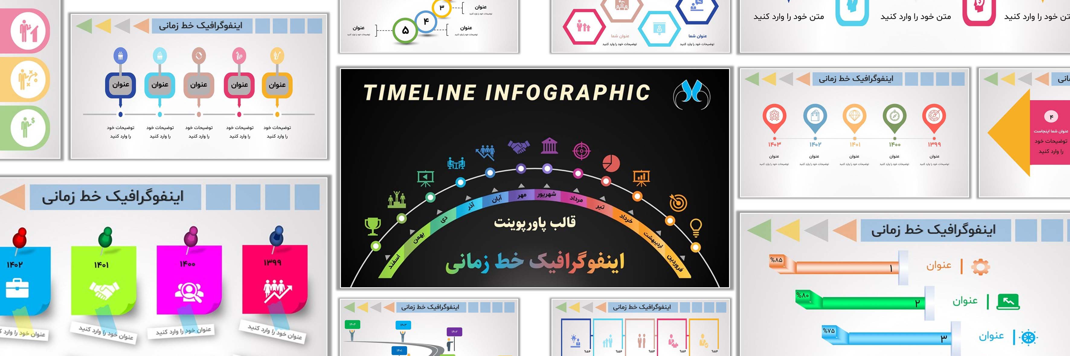 تصویر برخی از اسلایدهای تمپلیت آماده پاورپوینت اینفوگرافیک خط زمانی (Timeline)  سایت متاباران را نمایش می‌دهد.