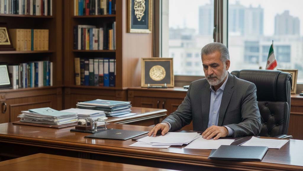 مدیر ارشد سازمان با کت و شلوار خاکستری و ظاهر رسمی، پشت میز بزرگ مدیریت نشسته و با تمرکز در حال مطالعه و بررسی اسناد پروپوزال کاری داخلی روی میز است. در پسزمینه تصویر، قفسههای کتاب، زونکنهای اداری، تابلوهای خوشنویسی، پرچم ایران و نمایی از ساختمانهای شهر از پشت پنجره دیده میشود.