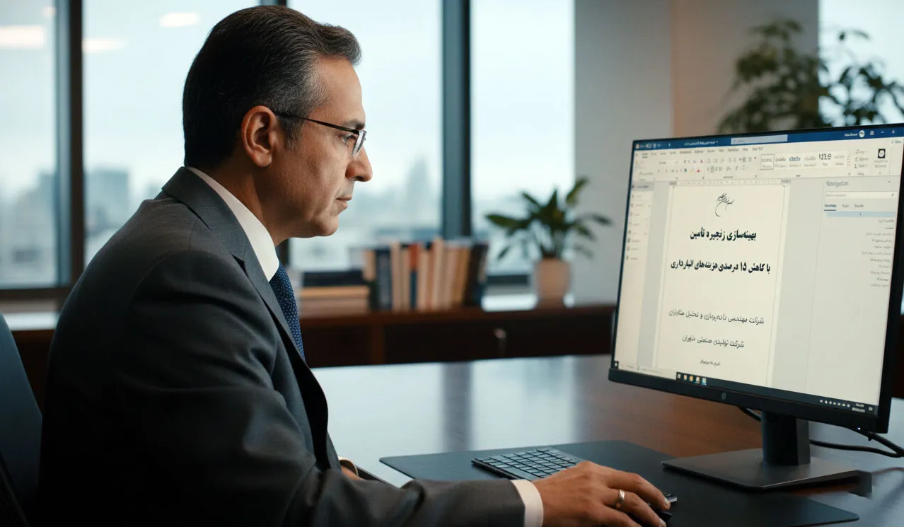 مردی میان‌سال با کت و شلوار رسمی و کراوات، در یک دفتر کار لوکس با پنجره‌های بزرگ، پشت میز نشسته و با تمرکز به صفحه مانیتور خیره شده است. او عینک به چشم دارد و دست راستش روی ماوس قرار گرفته است. صفحه مانیتور متنی به زبان فارسی را نشان می‌دهد که عنوان "بهینه‌سازی زنجیره تأمین با کاهش ۱۵ درصدی هزینه‌های انبارداری" روی آن نوشته شده است. در پس‌زمینه، پنجره‌ای با منظره شهر و یک قفسه کتاب دیده می‌شود.